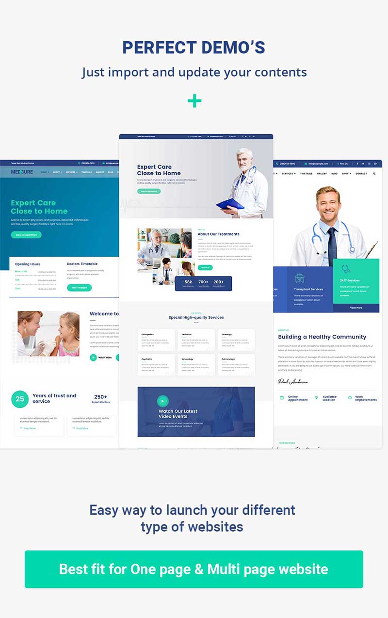 Pre-build pages for Medical Care WordPress Theme