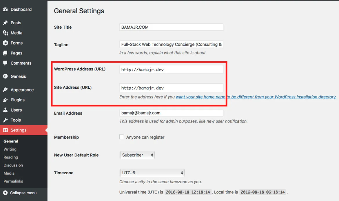 Verify WordPress Address and Site Address