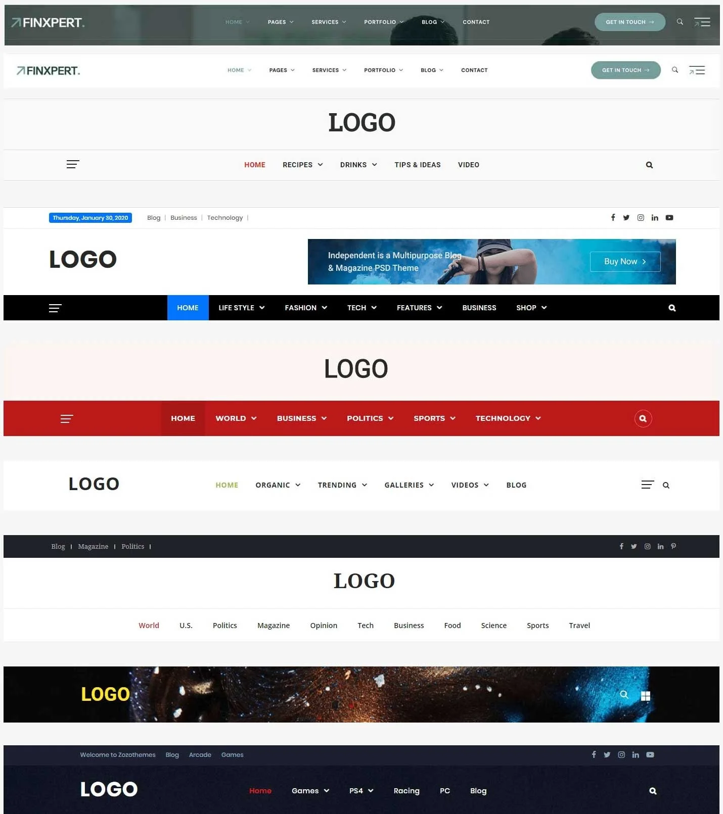 Multiple website header designs displayed