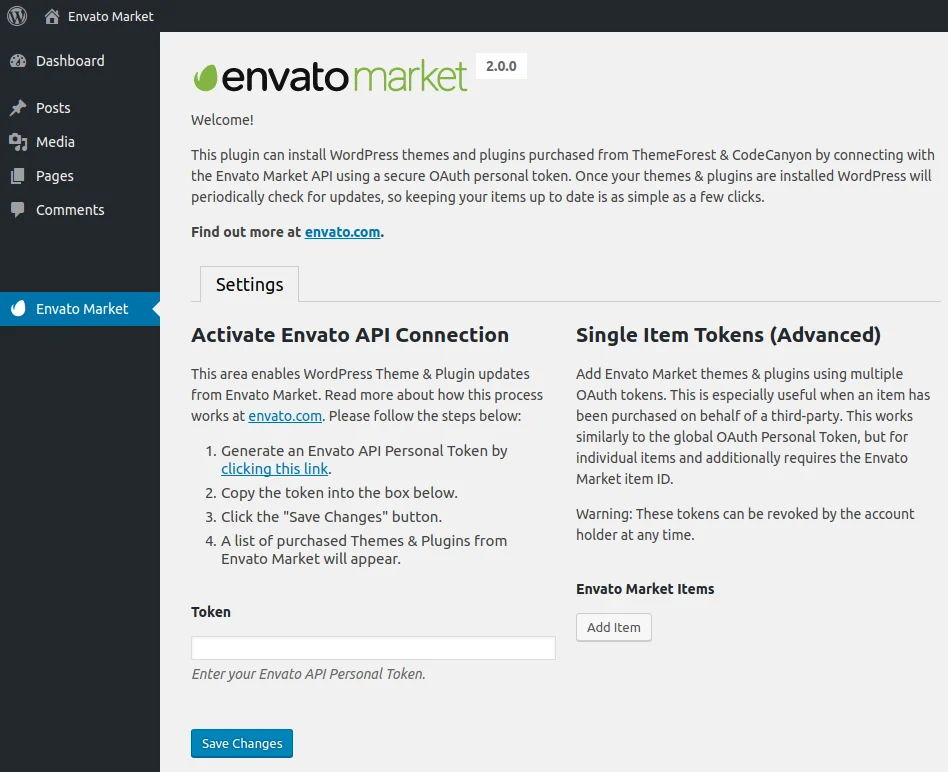 connect envato market plugin to WordPress dashboard