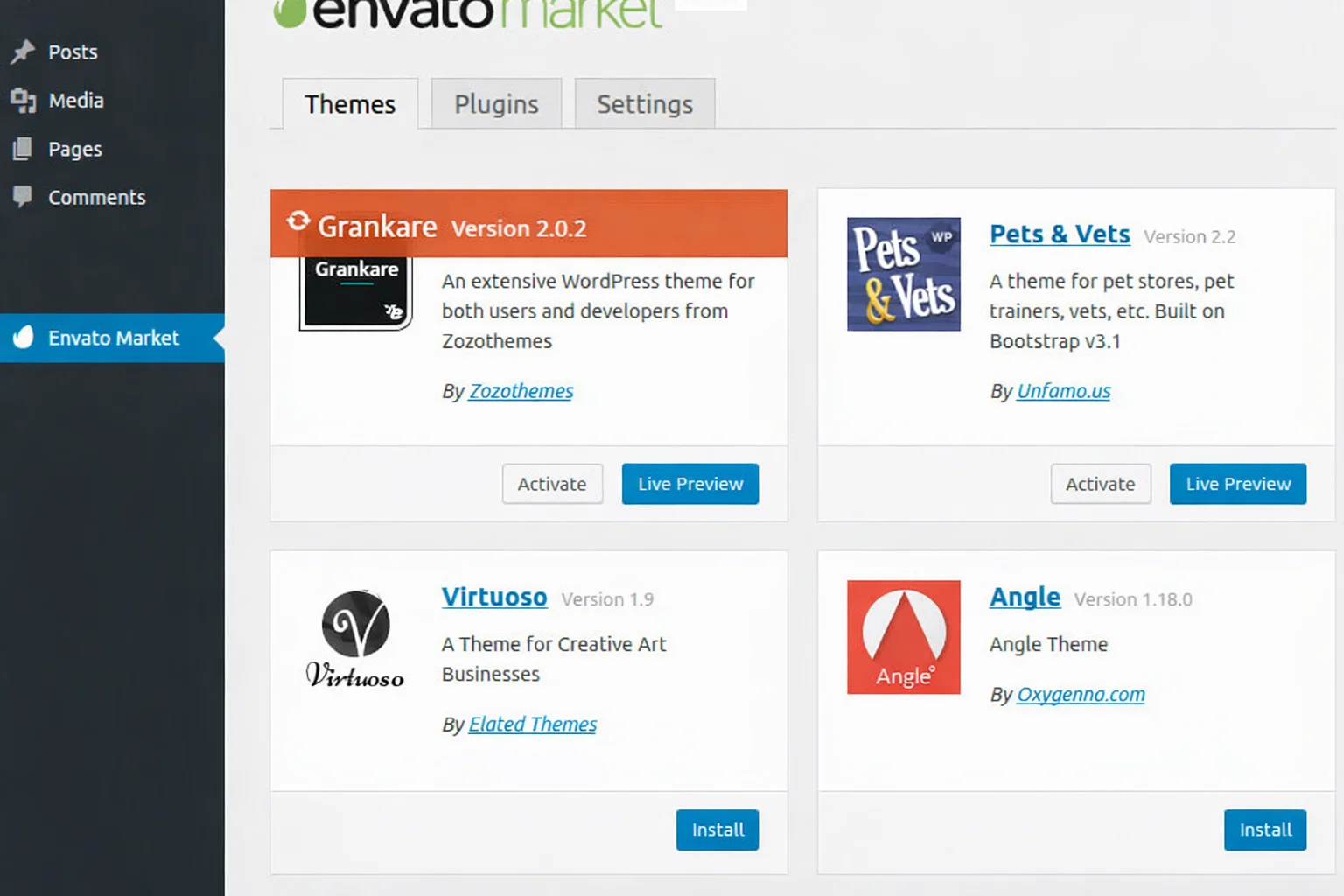WordPress dashboard Envato Market plugin updates