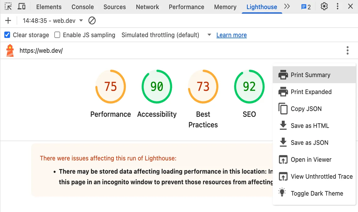 chrome devtools performance lighthouse