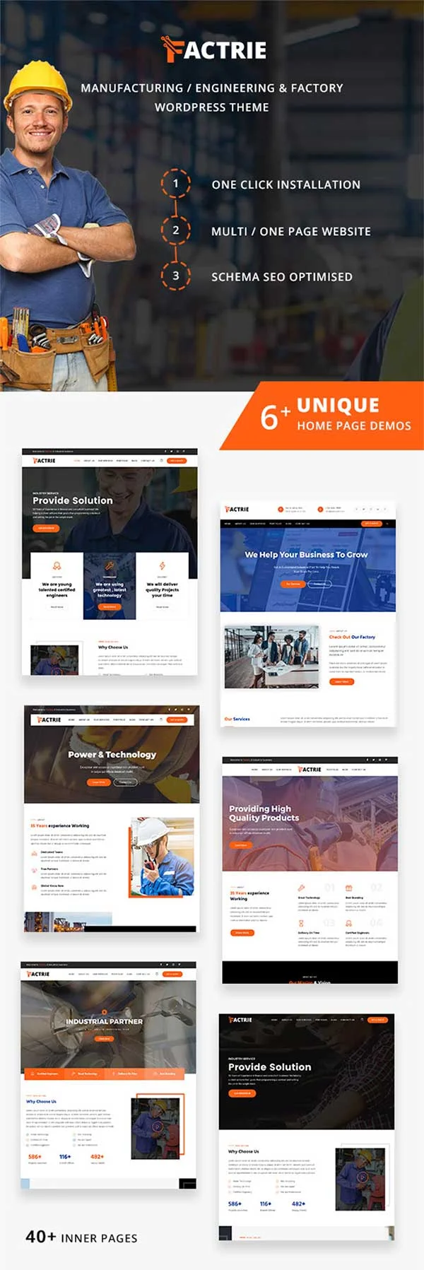 Multiple demo pages for Industrial & Factory WordPress Theme